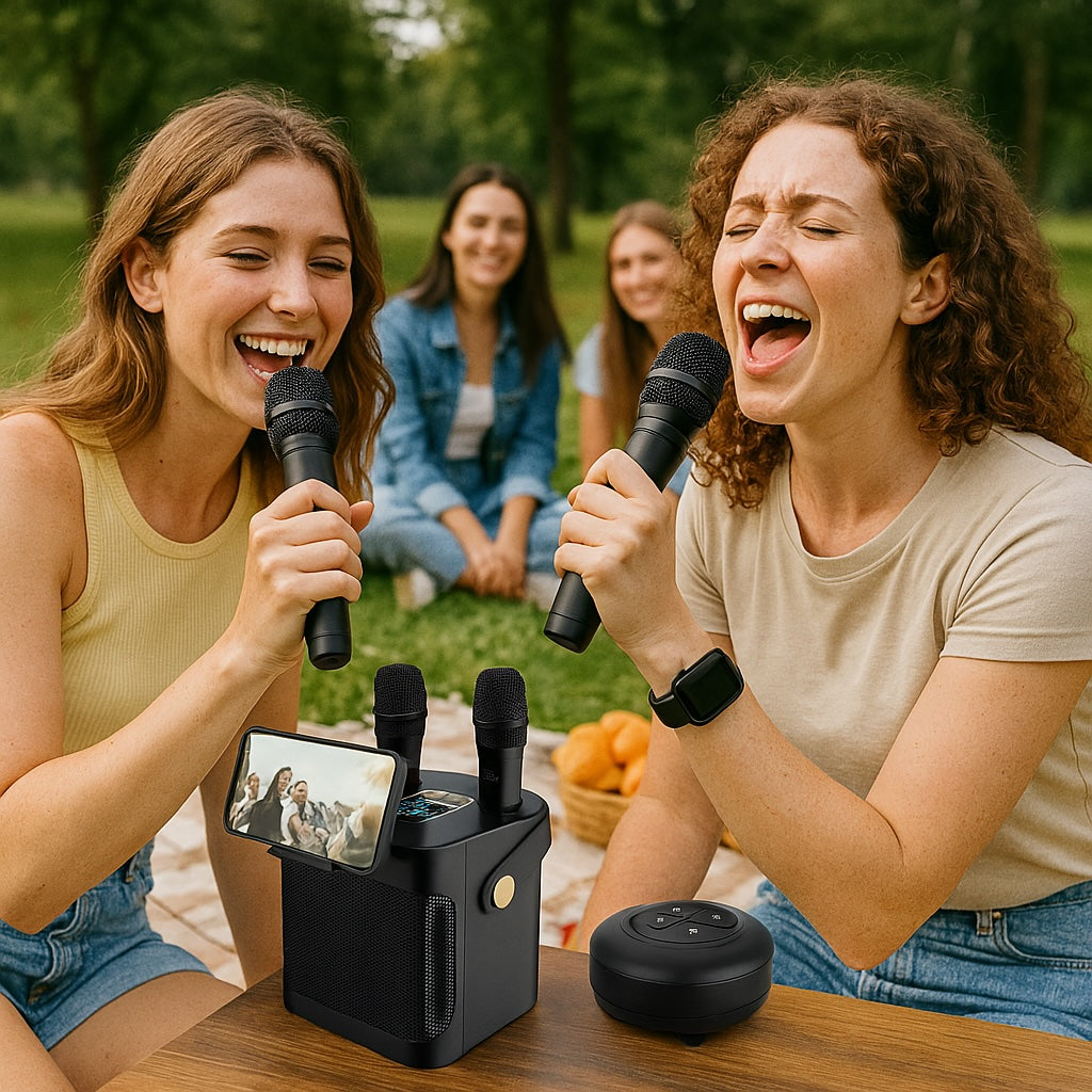 Bluetooth Karaoke Anlage – Tragbare Musikbox mit 2 Mikrofonen für Party & Camping