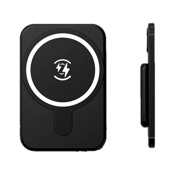 Magnetische Powerbank in Schwarz, Vorderseite mit Magnetring und Seitenansicht