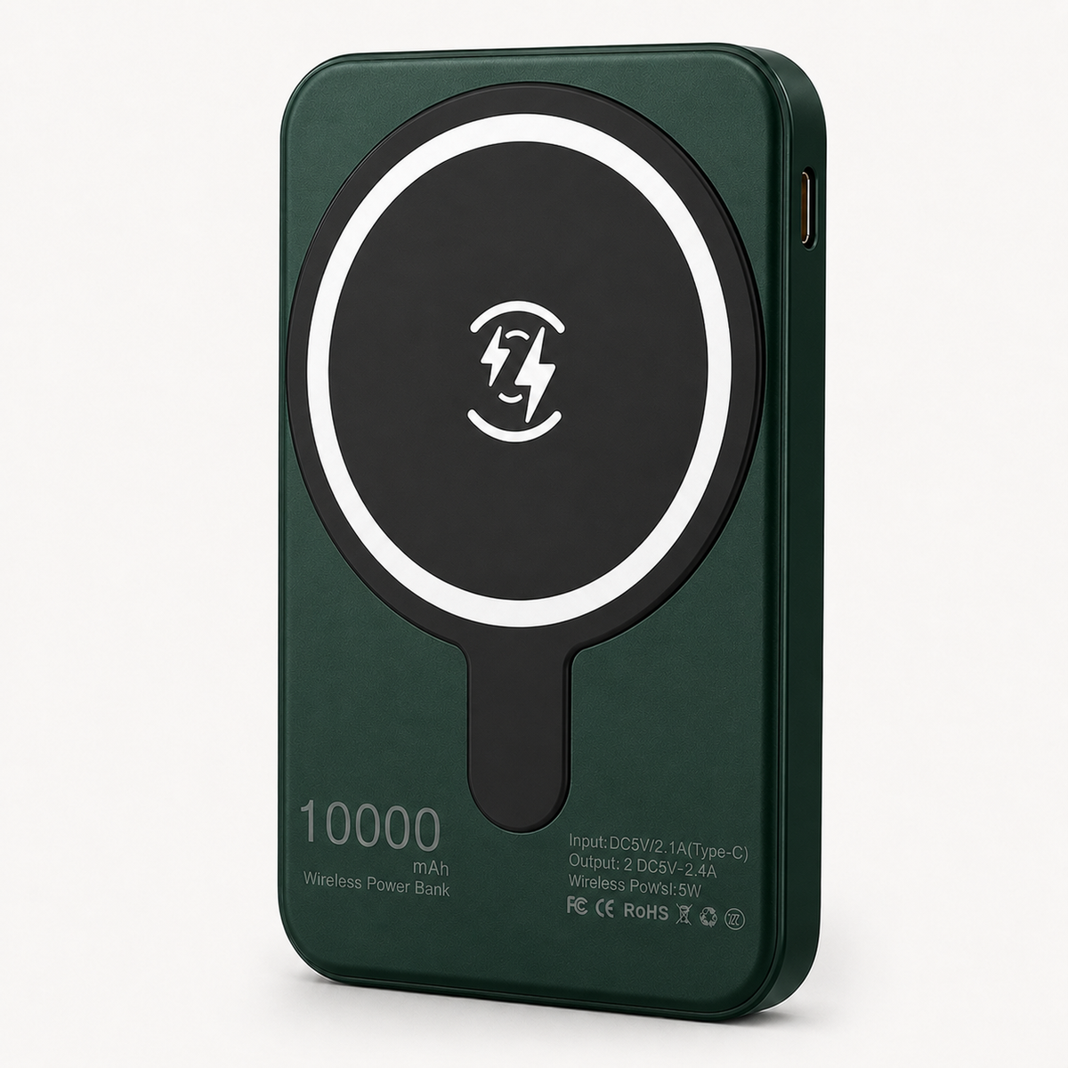Grüne magnetische Powerbank für iPhone – Vorderseite mit seitlichem USB-C-Anschluss