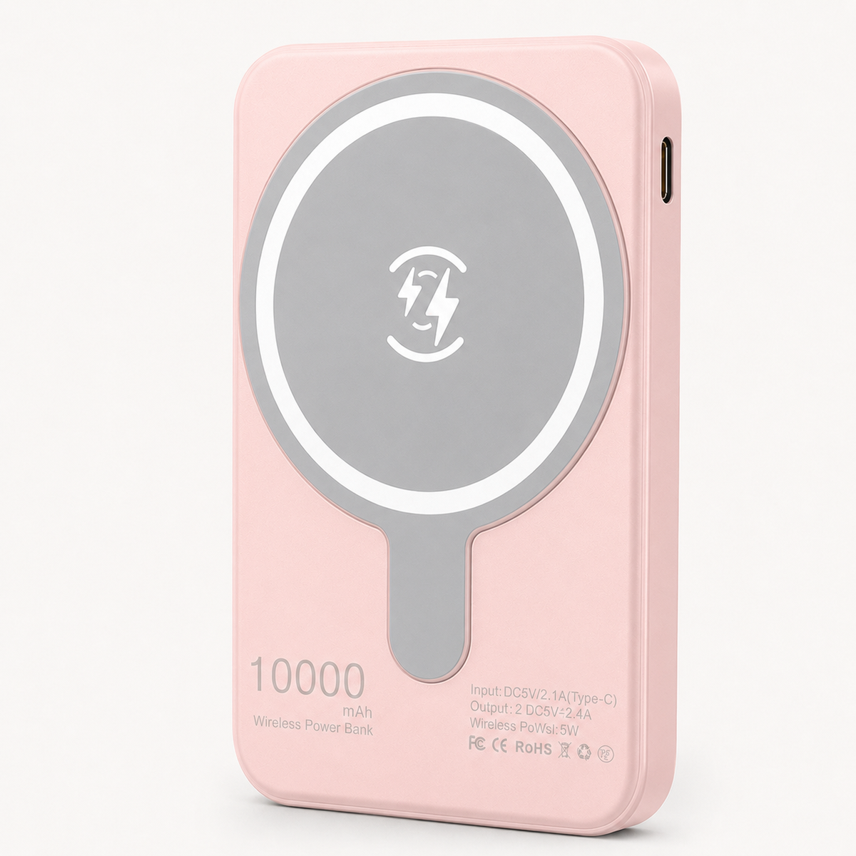 Rosa magnetische Powerbank für iPhone – Vorderseite mit seitlichem USB-C-Anschluss