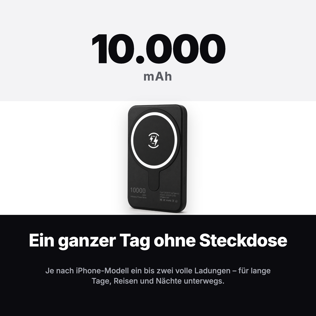 10.000 mAh Kapazität – ein bis zwei volle iPhone-Ladungen unterwegs