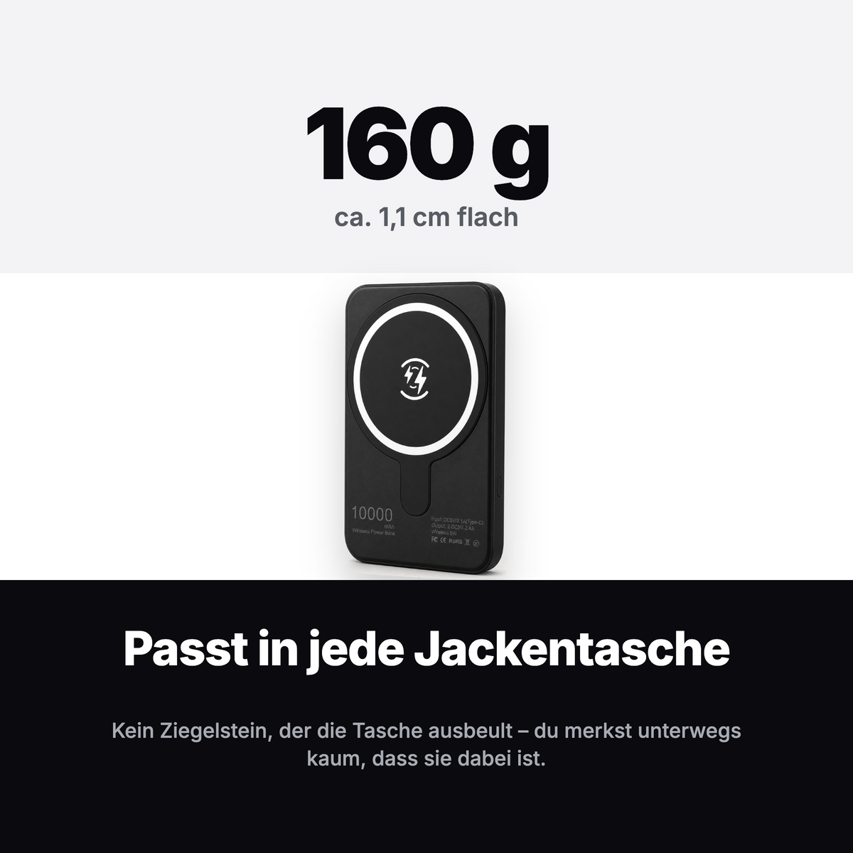160 g leichte Powerbank, rund 1,1 cm flach, passt in die Jackentasche