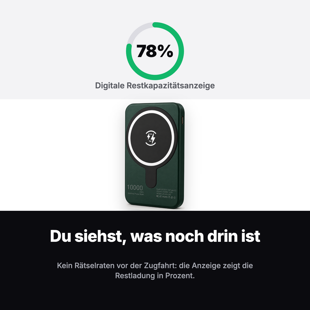 Digitale Anzeige der Powerbank zeigt die Restkapazität in Prozent