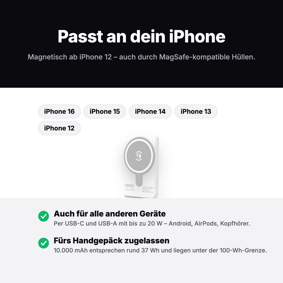 Kompatibel ab iPhone 12, lädt durch MagSafe-Hüllen, zusätzlich USB-C und USB-A