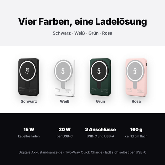 Powerbank in Schwarz, Weiß, Grün und Rosa mit technischen Daten