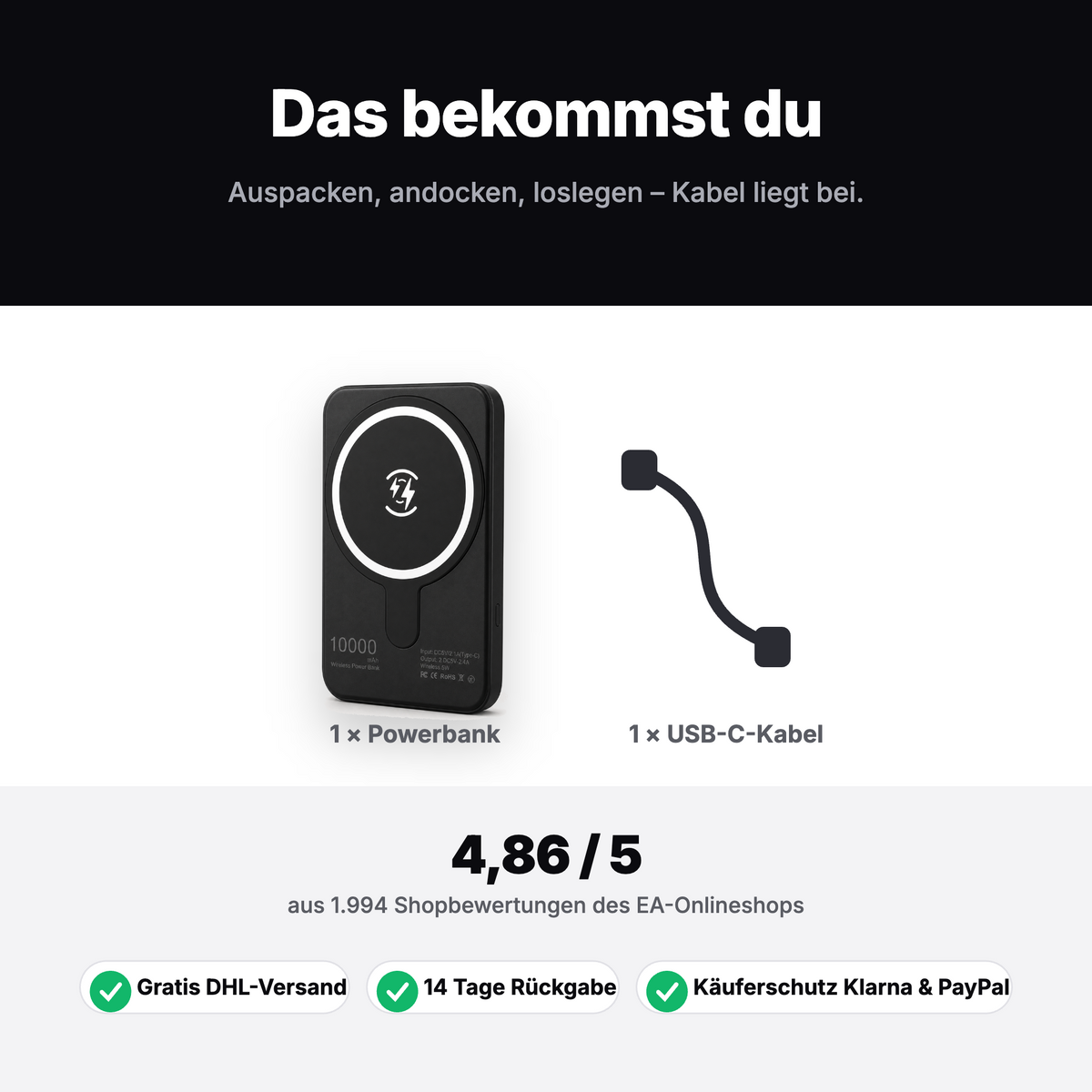Lieferumfang: magnetische Powerbank und USB-C-Ladekabel