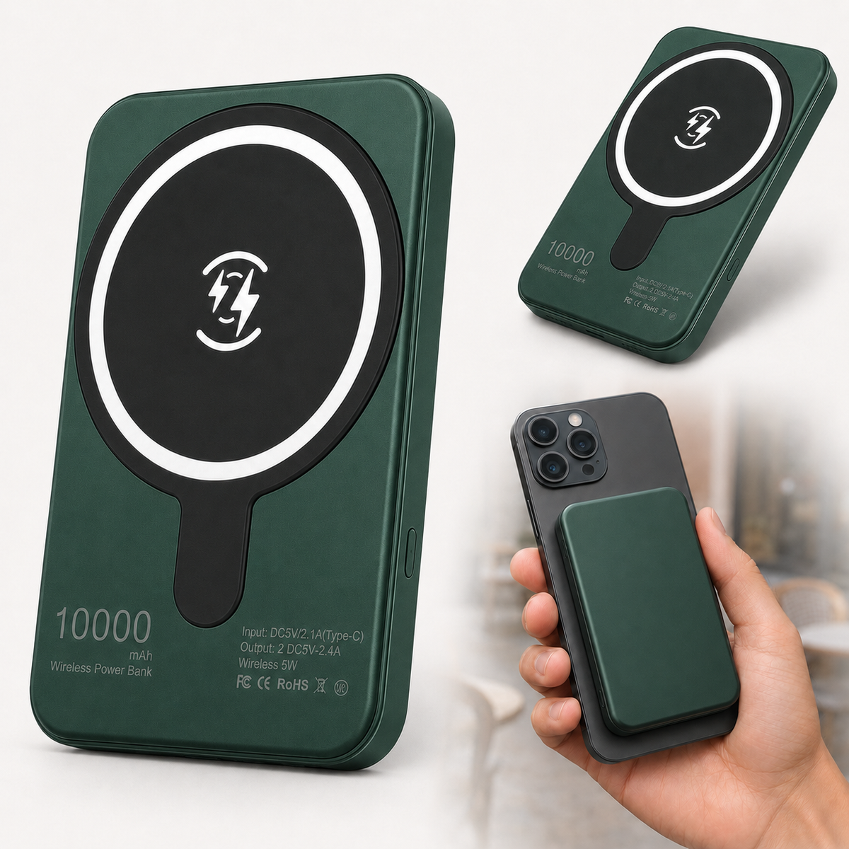 Grüne magnetische 10.000-mAh-Powerbank – Produktansichten und am iPhone