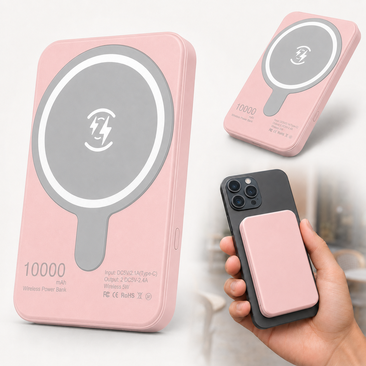 Rosa magnetische 10.000-mAh-Powerbank – Produktansichten und am iPhone