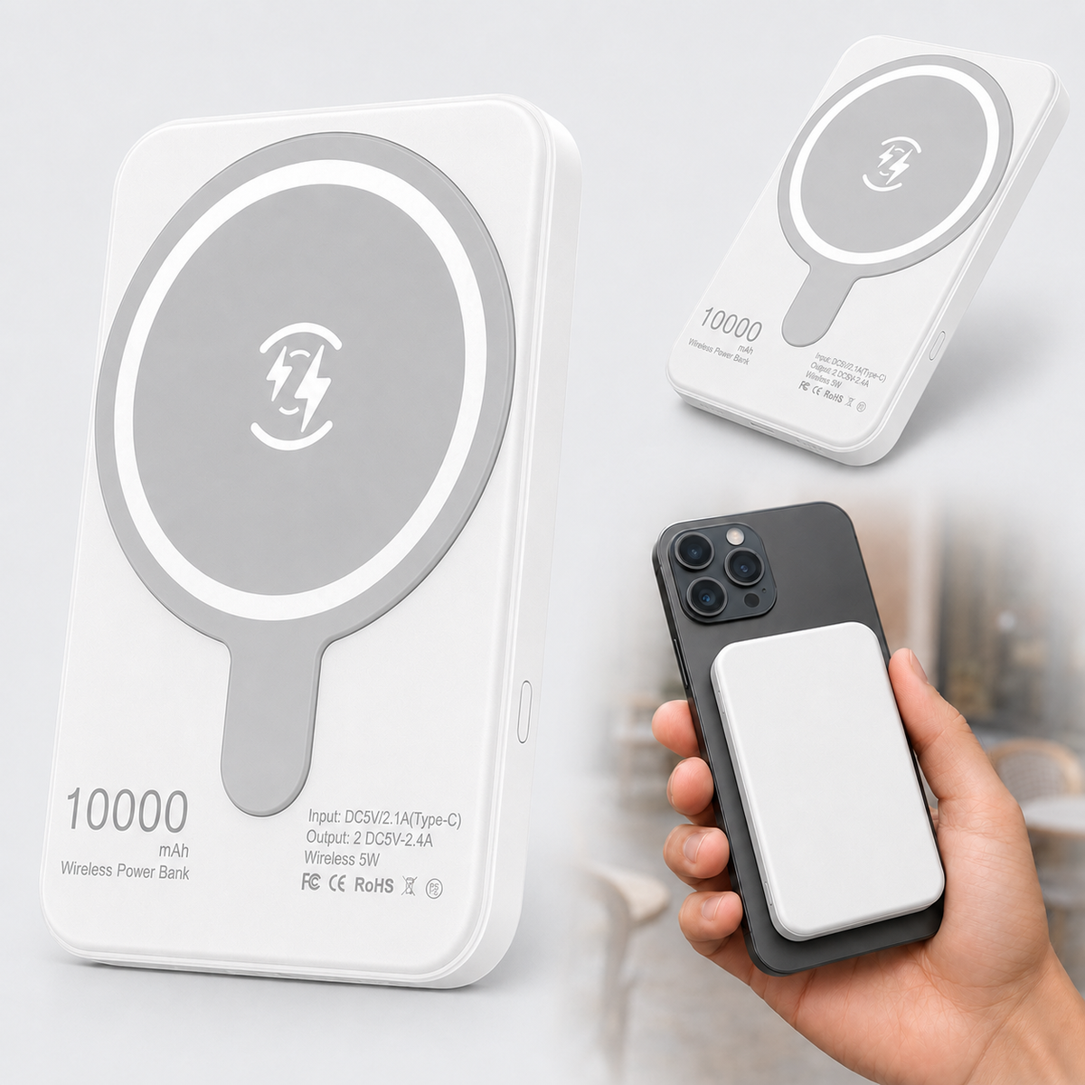 Weiße magnetische 10.000-mAh-Powerbank – Produktansichten und am iPhone
