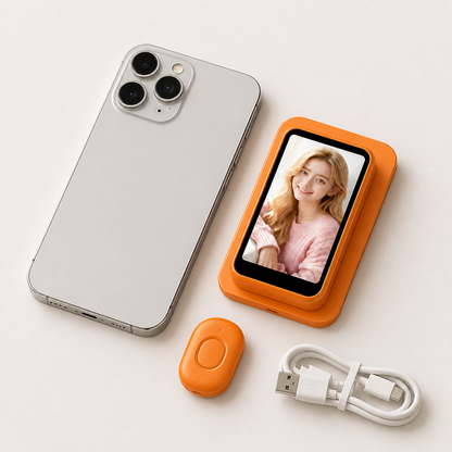 Magnetischer Selfie-Monitor mit Smartphone und Zubehör