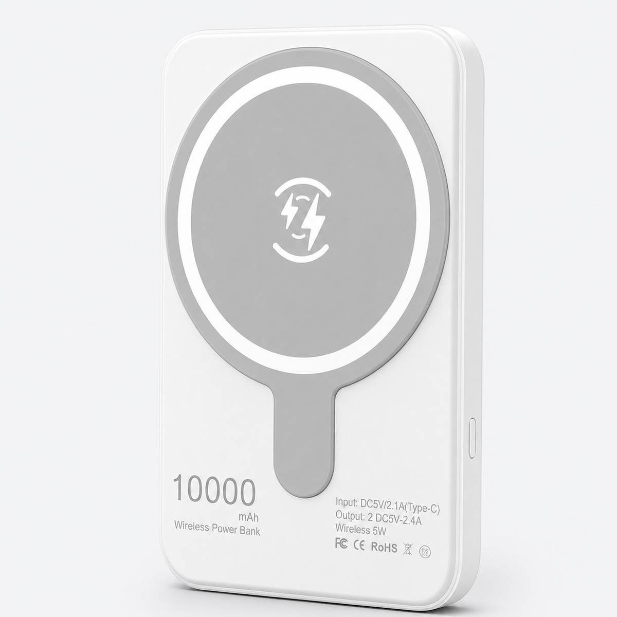 Weiße magnetische Powerbank für iPhone – Vorderseite mit Ladefläche